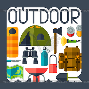 Tourist background with camping equipment in flat - vector clipart