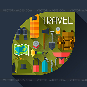 Tourist background with camping equipment in flat - vector clipart