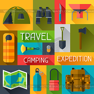 Tourist background with camping equipment in flat - vector image