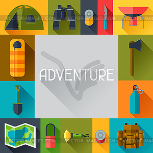 Tourist background with camping equipment in flat - royalty-free vector image