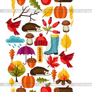 Seamless pattern with autumn icons and objects - vector image