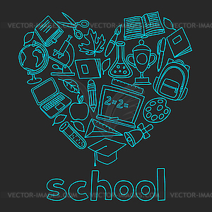 School background with icons on chalk board - vector image