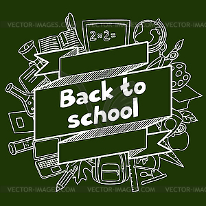 Back to school background with icons on chalk board - vector EPS clipart