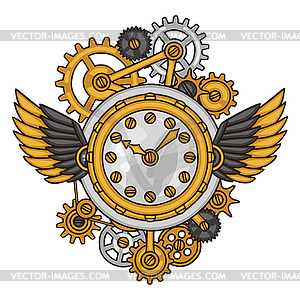 Steampunk clock collage of metal gears in doodle - vector image