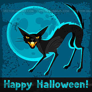 Happy halloween greeting card with angry cat - vector image