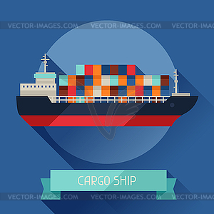 Cargo ship icon on background in flat design style - color vector clipart