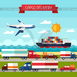 Freight cargo transport background in flat design - vector clipart