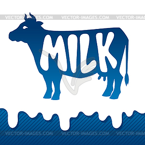 Cow silhouette emblem design on drips of milk - vector image
