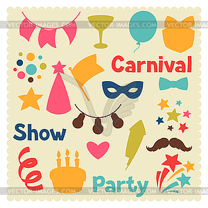 Карнавал шоу и партия множество объектов торжества - цветной векторный клипарт