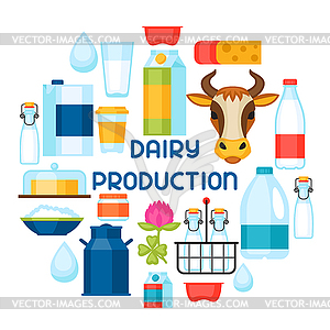 Milk background with dairy products and objects - vector clip art