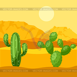 Mexican desert with cactuses and mountains - vector clipart