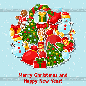 Merry Christmas and Happy New Year sticker - vector image