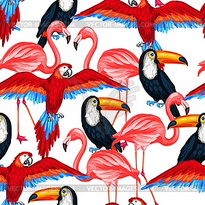 Тропические птицы бесшовные шаблон с попугаями тукан - рисунок в векторе