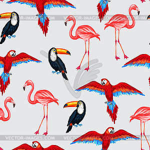 Tropical birds seamless pattern with parrots toucan - vector image