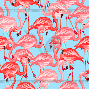 Tropical birds seamless pattern with pink flamingos - vector clipart