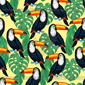 Tropical birds seamless pattern with toucans and - vector image