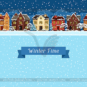 Winter urban landscape card with houses and trees - vector clip art