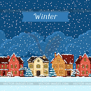 Winter urban landscape card with houses and trees - vector image