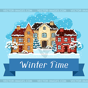 Winter urban landscape card with houses and trees - vector image