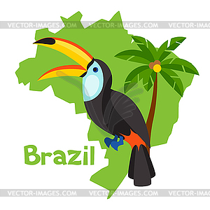 Stylized map of Brazil with toucan and palm tree - vector clip art
