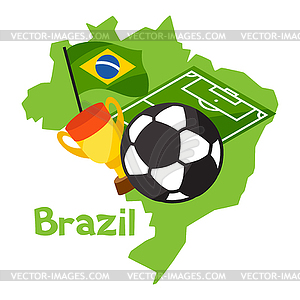 Stylized map of Brazil with soccer ball and flag - vector image