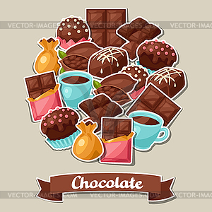 Chocolate background with various tasty sweets and - vector clip art