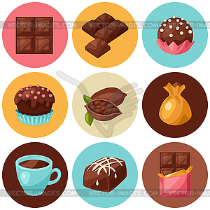 Шоколад множество различных вкусных сладостей и конфет - рисунок в векторном формате