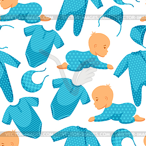 Seamless pattern with child and clothing in blue - vector image