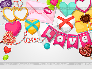 Greeting card with hearts, objects, decorations. - vector clip art