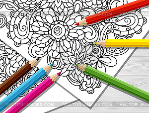 Adult coloring concept with pencils, printed - vector clipart