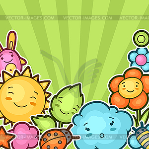 Cute child background with kawaii doodles. Spring - vector clip art