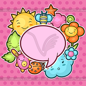 Cute child background with kawaii doodles. Spring - vector clipart