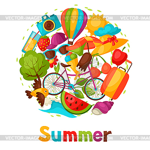 Background with stylized summer objects. Design - vector clip art