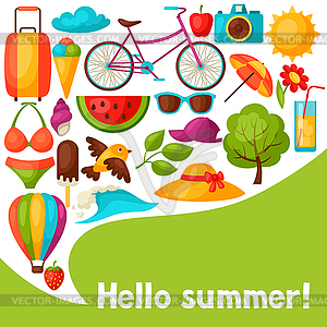 Background with stylized summer objects. Design - vector image