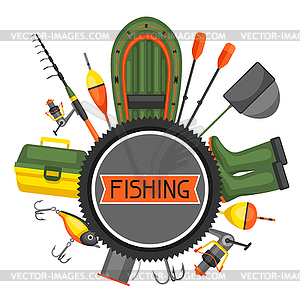 Background with fishing supplies. Design for - color vector clipart