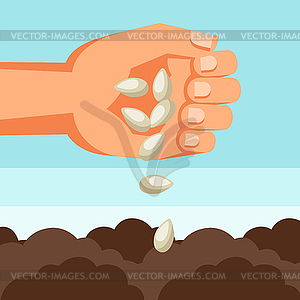 Human hand sows seeds into soil - vector clip art