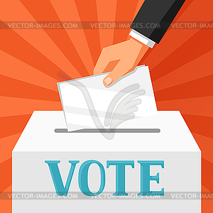 Hand putting voting paper in ballot box. Political - vector image