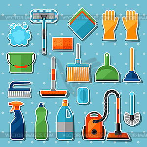 Set of cleaning equipment. House cleaning service tools vector illustration  Stock Vector