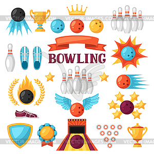 Set of bowling game items. Objects for decoration, - vector clip art