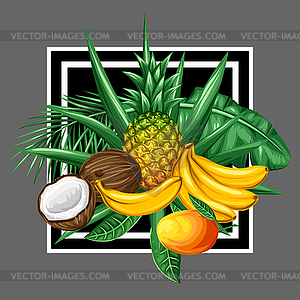 Background with tropical fruits and leaves. Design - vector image