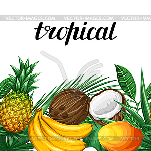 Seamless border with tropical fruits and leaves. - vector clipart