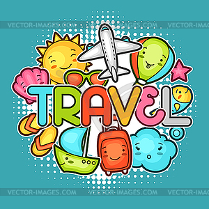 Cute travel background with kawaii doodles. Summer - vector image