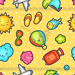 Seamless travel kawaii pattern with cute doodles. - vector clipart