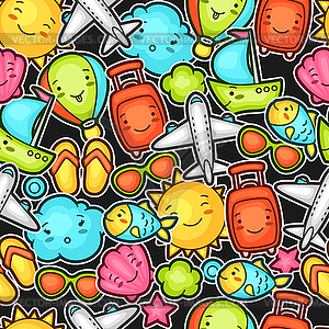 Seamless travel kawaii pattern with cute doodles. - vector image