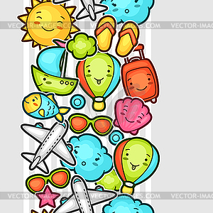 Seamless travel kawaii pattern with cute doodles. - vector clipart