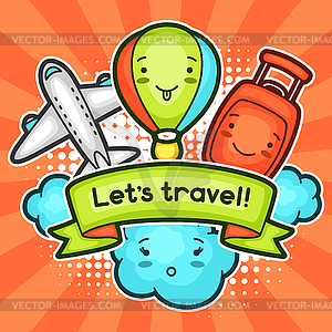 Cute travel background with kawaii doodles. Summer - stock vector clipart