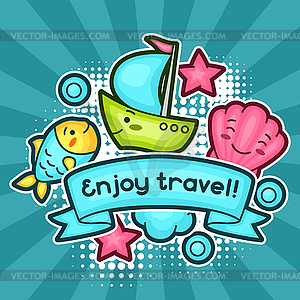 Cute travel background with kawaii doodles. Summer - vector image