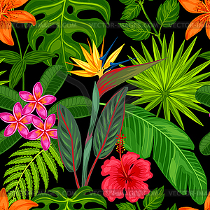 Seamless pattern with tropical plants, leaves and - vector clip art