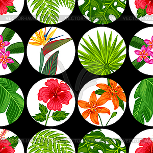 Seamless pattern with tropical plants, leaves and - vector image