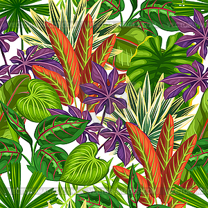 Seamless pattern with tropical plants and leaves. - color vector clipart